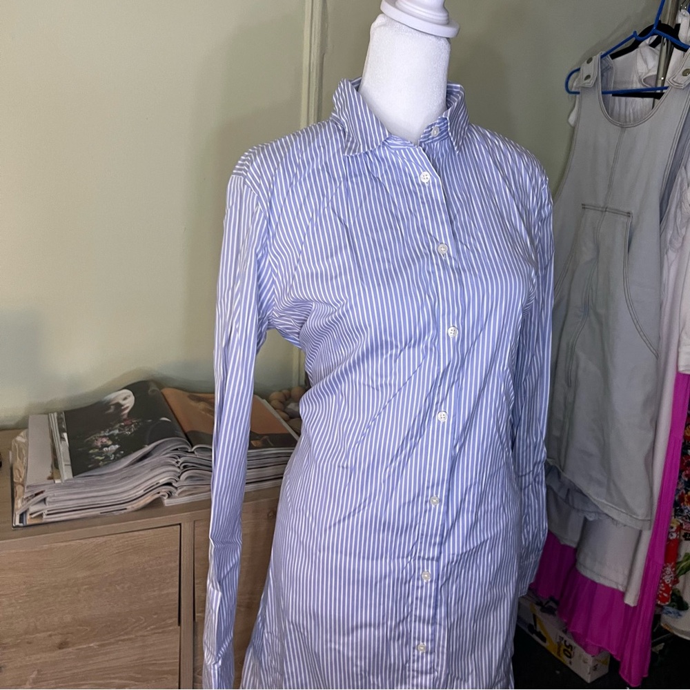 ANN TAYLOR Blue & White Seersucker Stripe Wrap Button Down Modest Midi Dress M - Picture 12 of 16